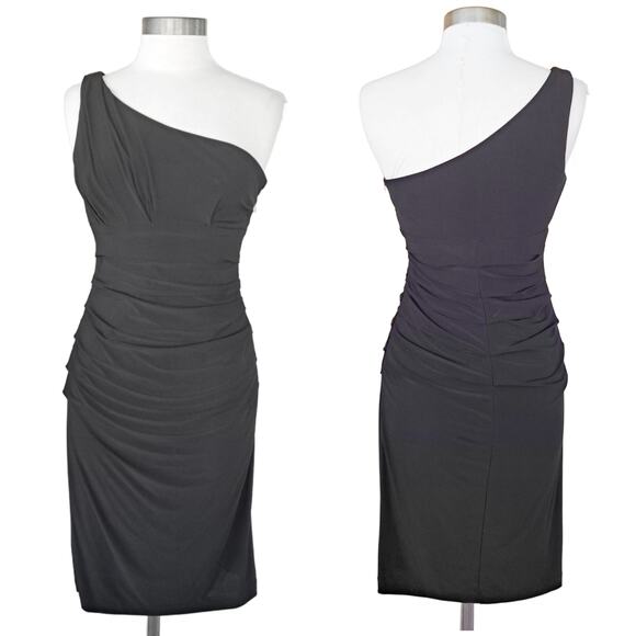XSCAPE Black Jersey Ruched One Shoulder Cocktail Dress Size 8 Bodycon - Picture 1 of 9